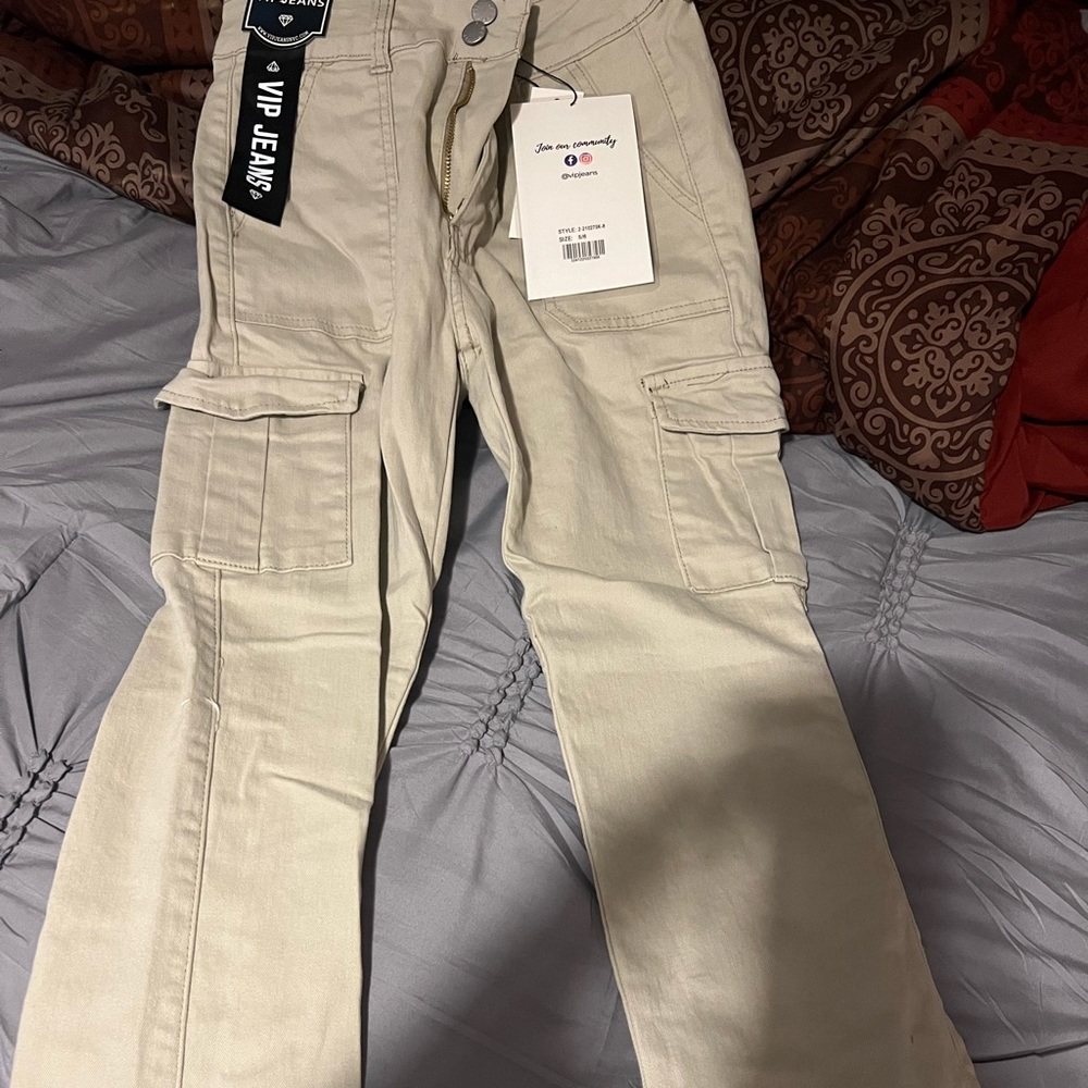 Beige Flare Cargo Pants